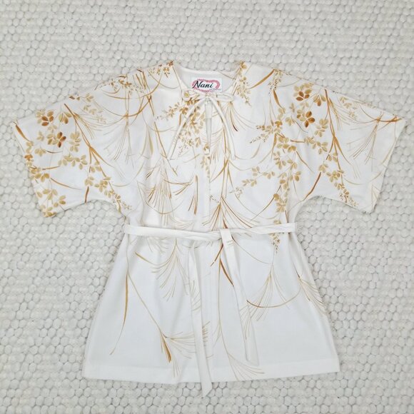 Vintage Nani of Hawaii Botanical Print Tie Waist Blouse Cream Brown Sz Small - Picture 6 of 8